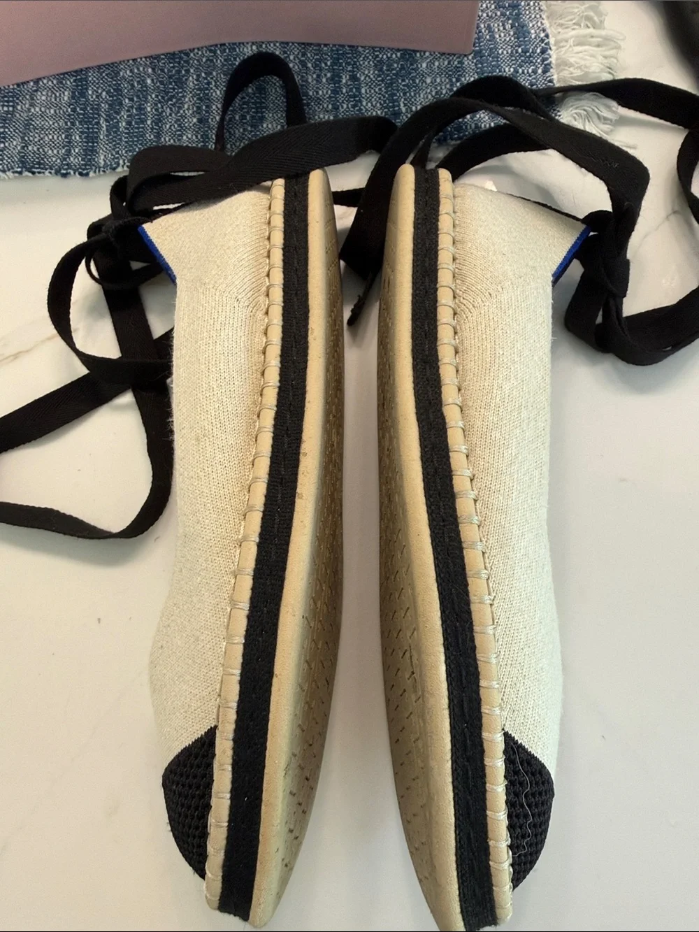 Rothy's Cream & Black Espadrille Tie-Back Flats